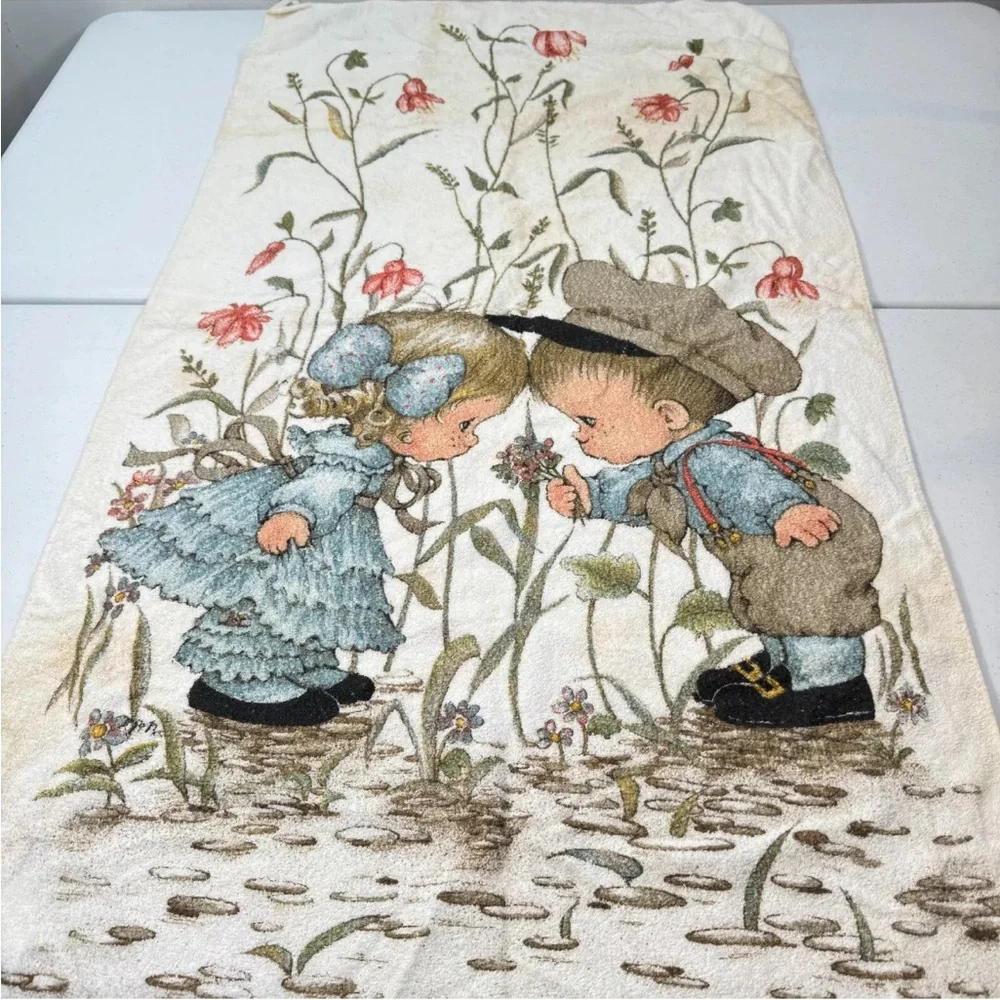 vintage kel tex bath towel 100% cotton blue holly hobbie flowers